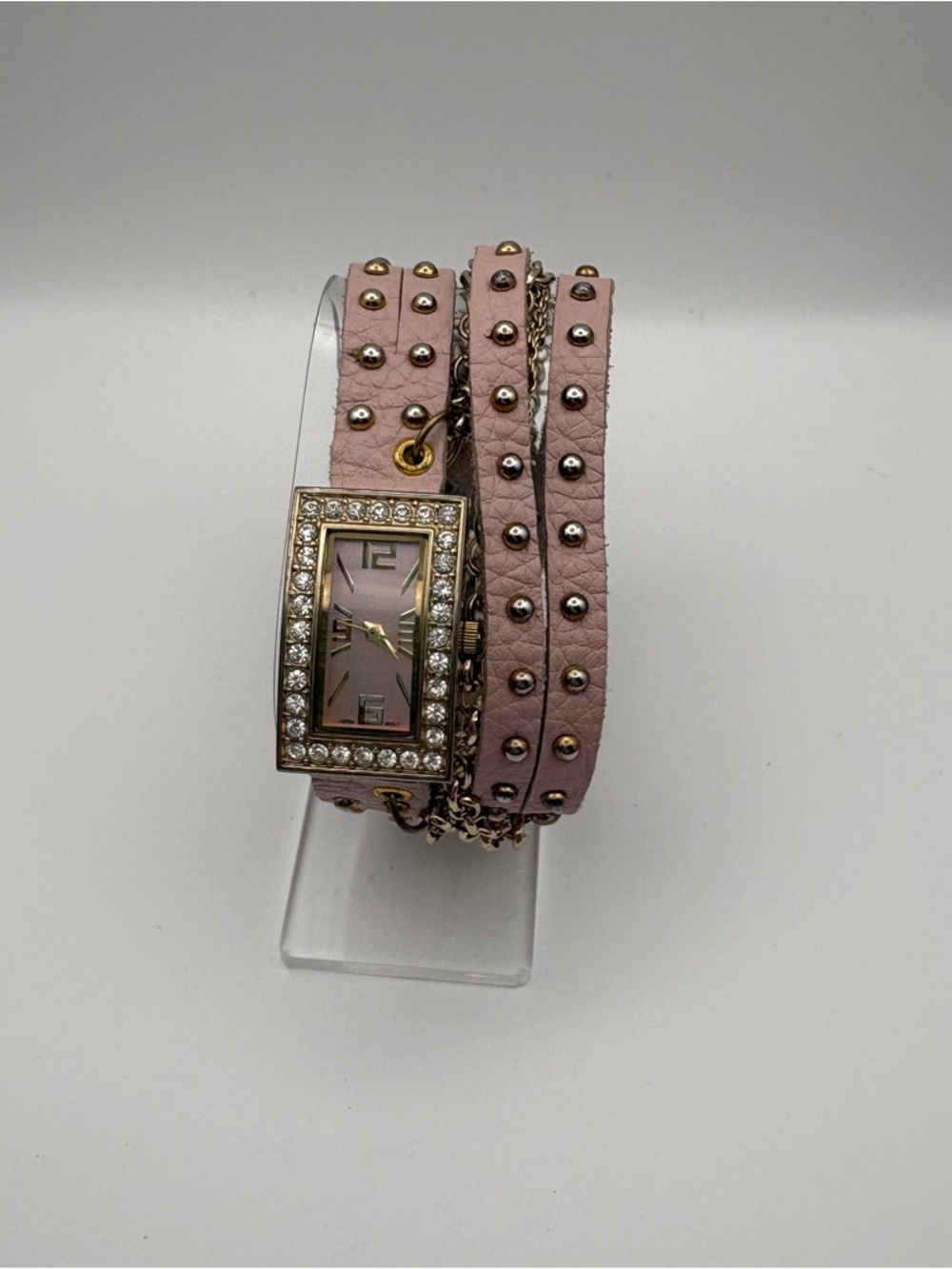 Women’s Gold-toned Rectangular Watch Pink‎ Dial Multi-Strand Double Wrap Band